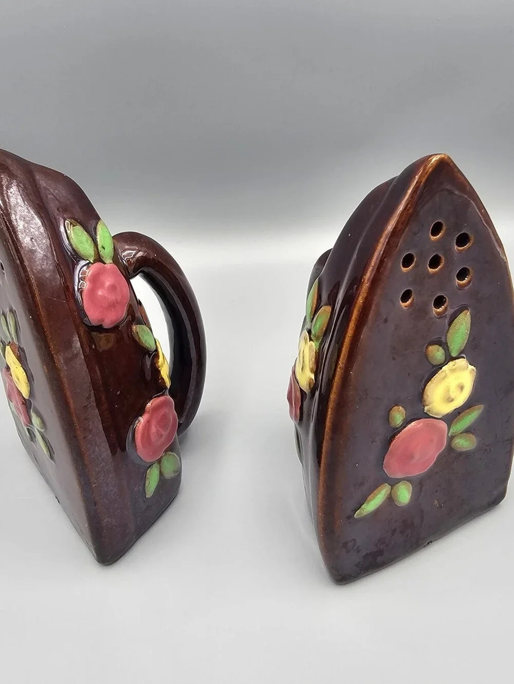 Vintage Ceramic Iron-Shaped Salt and Pepper Shakers with Floral Design